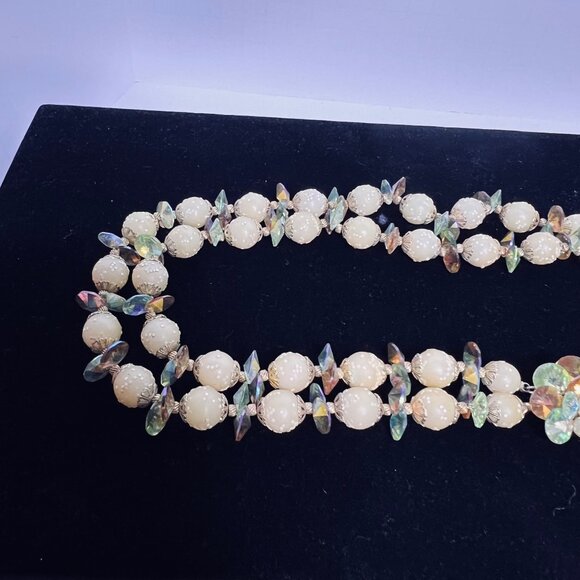 Vintage Double Strand Sugared Bead And AB Rhinestone Necklace (6120) - Picture 4 of 9